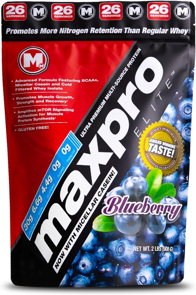 Max Muscle Maxpro Elite Whey Protein Powder ← 30g Protein Silencio 0g Azúcar ← Micellar Casein Cold Filtrado Whey Isolate Protein  Promociona el crecimiento muscular y la recuperación (Blueberry, 2lb)