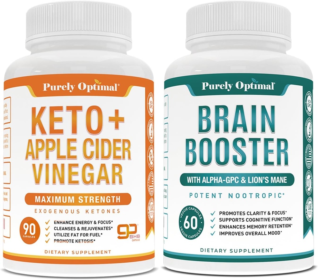 Píldoras Keto Premium puramente óptimas + Cápsulas de vinagre de manzana con suplemento de cerebro madre + Premium - Booster cerebral nootrópico para Focus, Clarity, memoria mejorada, concentración & mejor humor