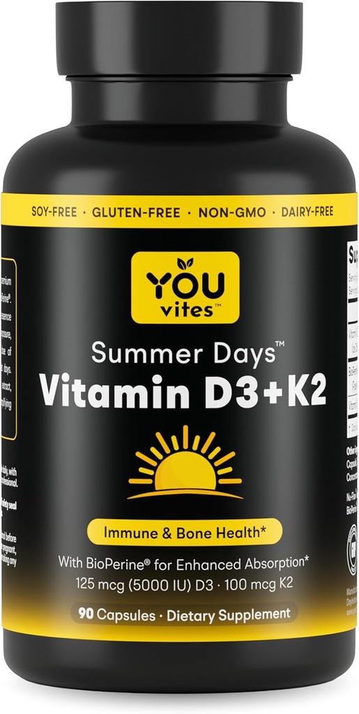 Vitamina D3 + K2 - Max Absorption, 5000 UI D3 &amp; 100 mcg K2 MK-7 (Menaquinone-7) con BioPerine - Bone, Heart &amp; Immune Support - Non-GMO, Gluten Free, Soy Free - 90 cápsulas - Suplemento diario