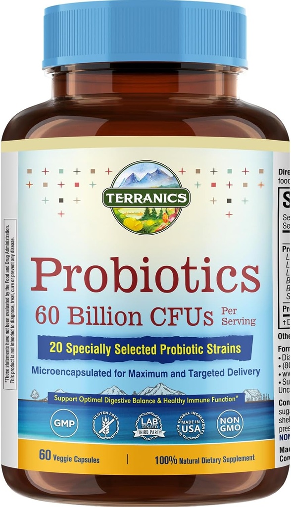 Probióticos terranicos 60 Billones CFU, 20 Strains, 60 Veg Capsules, Prebióticos " Probióticos, Suplemento Probiótico Estable para Hombres " Mujeres, Salud Digestiva " , No GMO, NO Soy, Dairy " Gluten