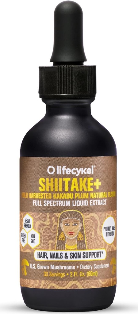 Lifecykel - Shiitake Mushroom Extract with Kakadu Plum- Hair, Skin & Nail Support, Anti Aging Supplement- 100% Organic Mushrooms, Immune Boosting, Vitamina C Made in The US- 2 Fl oz(Packaging May Vary)