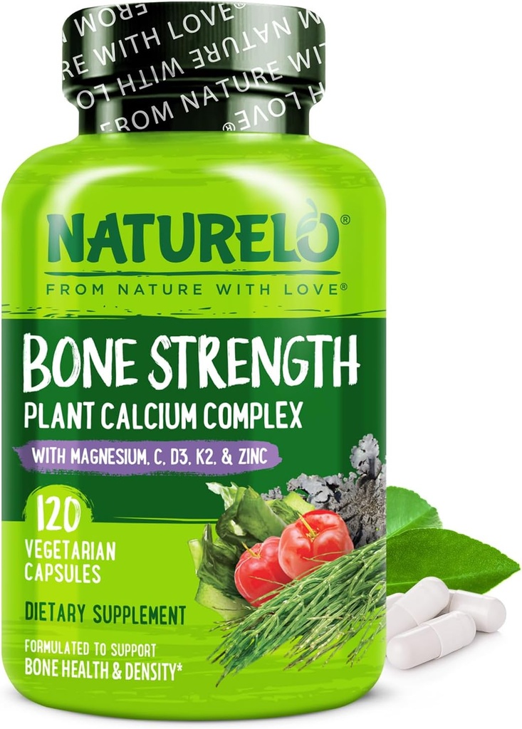 Suplemento de calcio NATURELO - con vitamina C, vitamina D3, K2, y zinc de calcio para la fuerza ósea con calcio 600 mg - base vegetal, 120 cápsulas vegetarianas, no GMO, soy " libre de gluten "