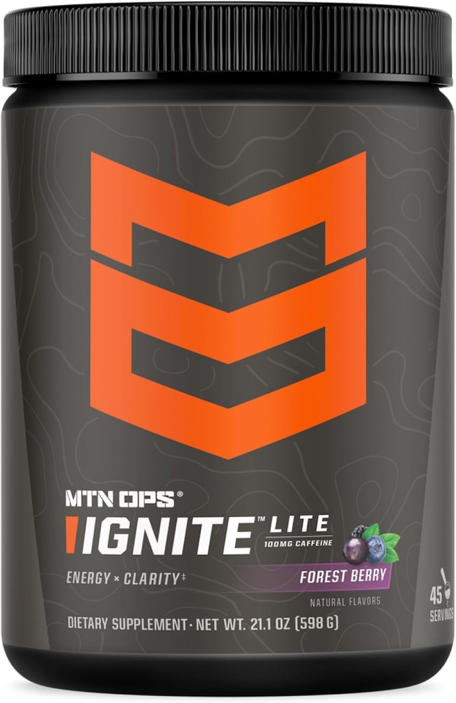 MTN OPS Ignite Lite Energy Drink Powder Gluten Free Nitric Oxide Supplement Drink Mix, L Arginine, L Citrulline, Caffeine &amp; Nootropic Sugar Free Drink Mix, 45 Servings, Forest Berry