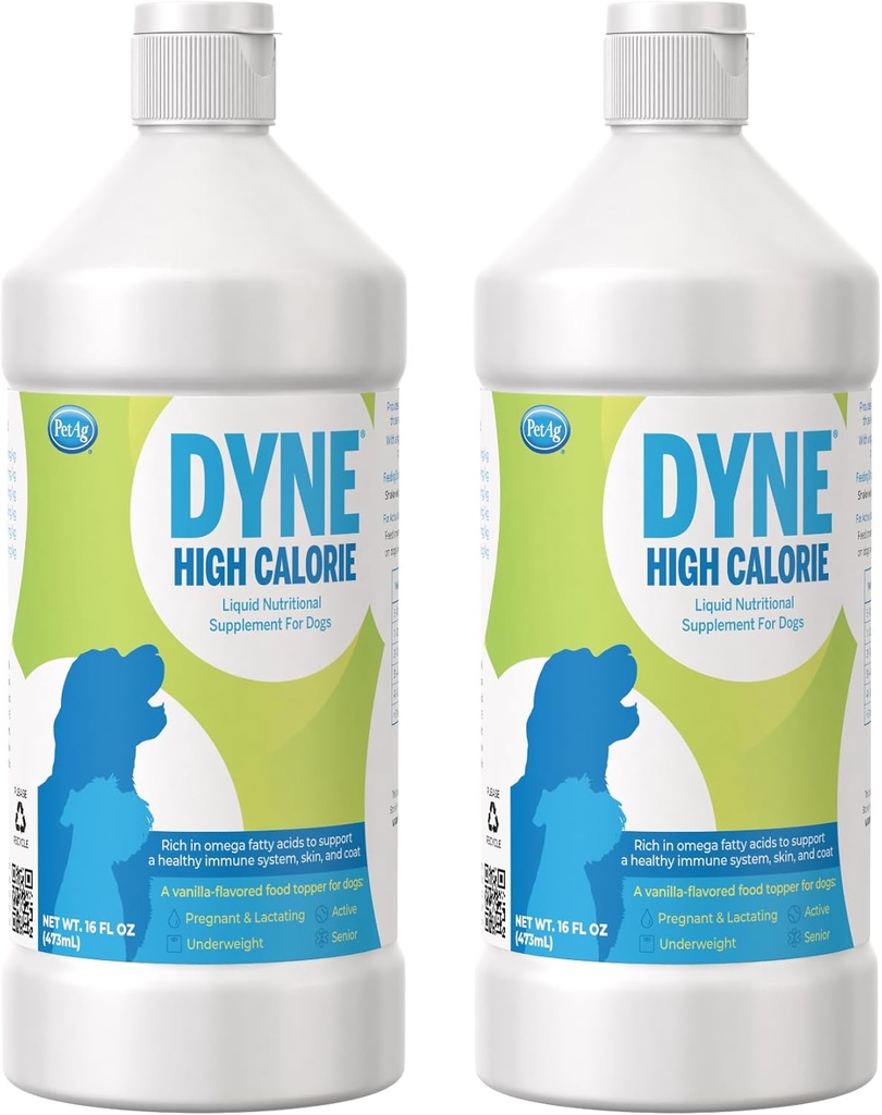 PetAg Dyne High Calorie Liquid Nutritional Supplement for Dogs & Puppies 8 Weeks and Older - 16 oz, Pack of 2 - Supports Performance and Endurance - Sweet Vanilla Flavor