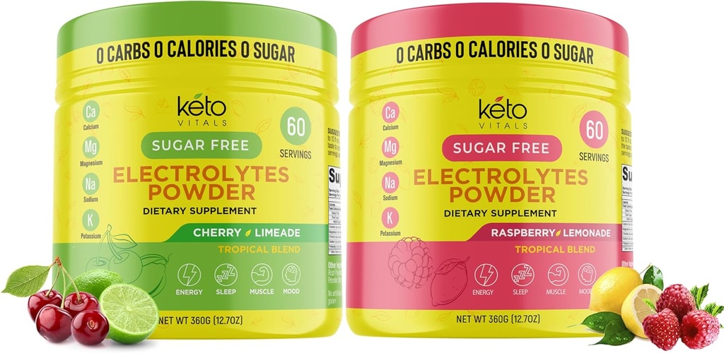 Keto Vitals Cherry Limeade Bundle con Raspberry Lemonade - 2 Pack Bundle Keto Electrolytes Powder - Electrolitos con Potasio, Magnesio, Sodio, Calcio - Cherry Limeade & Raspberry Lemonade