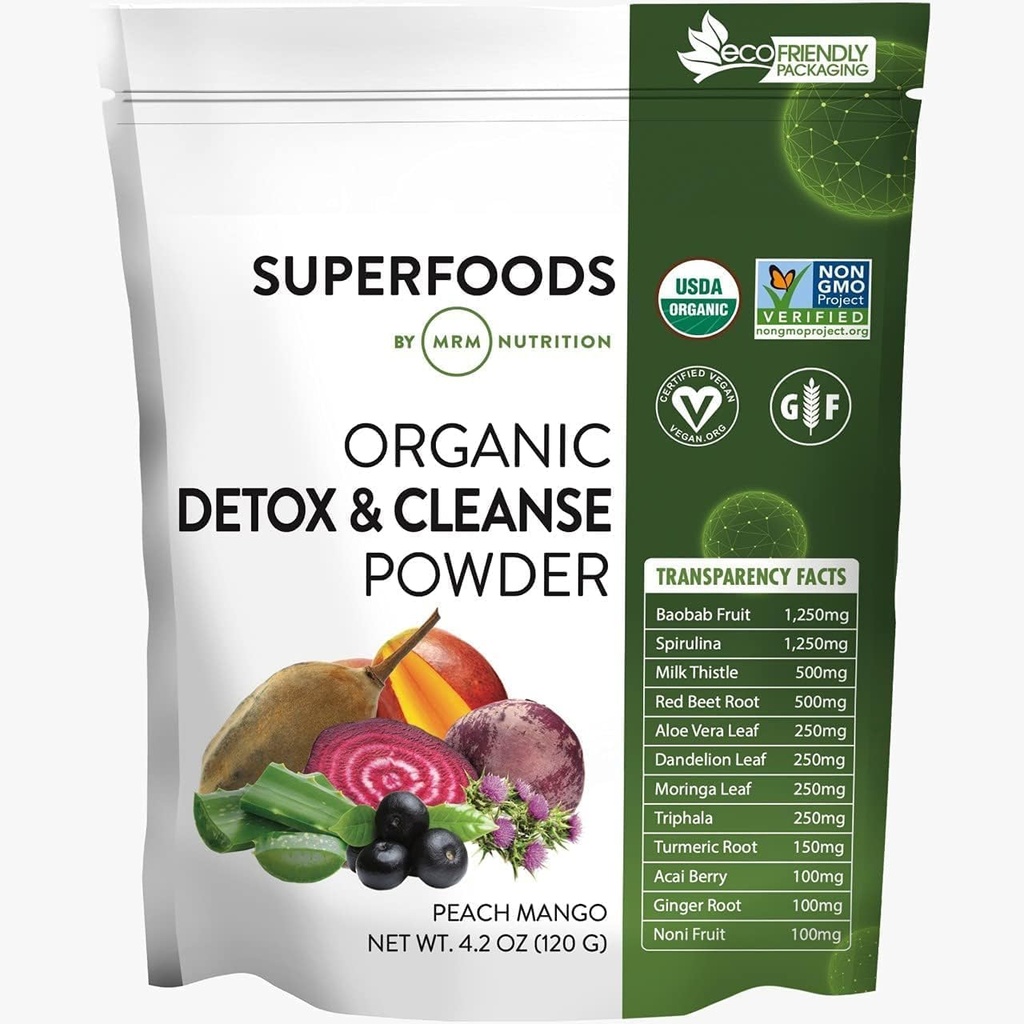 MRM Nutrición Detox Orgánica y Polvo Limpio Silencio Peach Mango Flavored  Gentle Daily Detox ← Superfoods ← Antioxidantes + Clorophyll + Phycocyanin + Electrolytes  durable 15 Servings