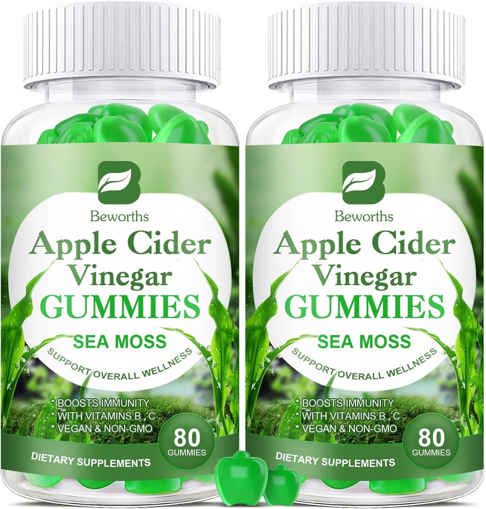 Manzana Vinagre &amp; Mar Moss Gummies, Orgánica ACV Gummies with Mother Supplement Supports Immune, Digestive Health for Adults & Kids, Seamoss Gummy with Vitamin B6 B9, B12