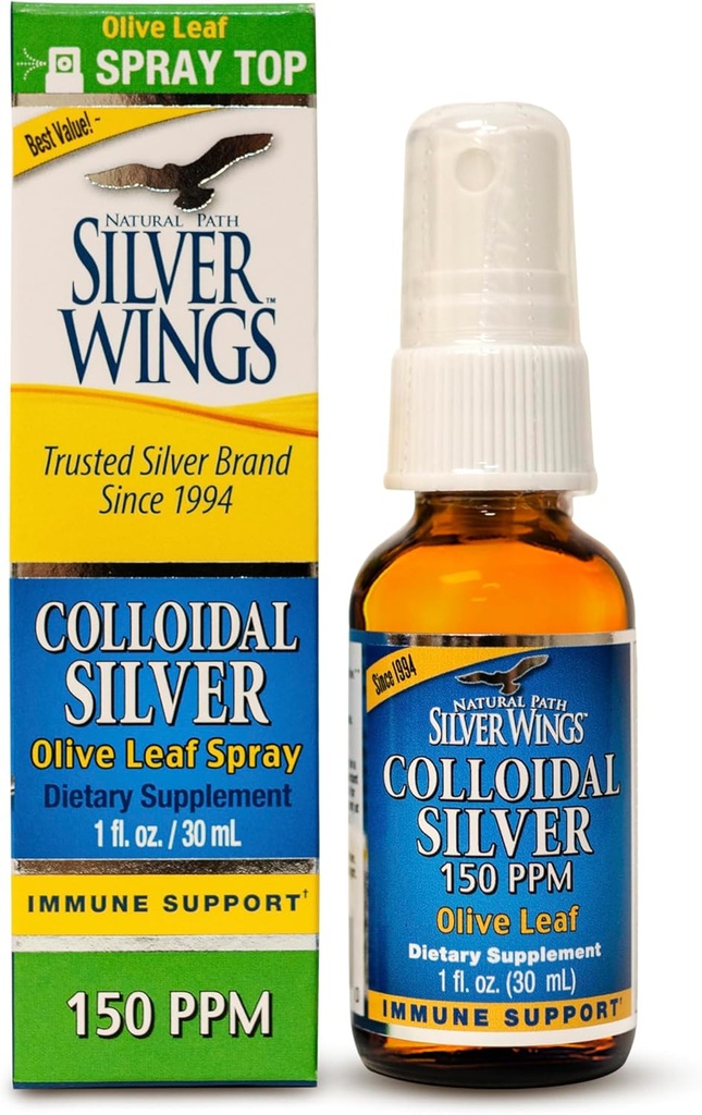 Natural Path Alas de plata Colloidal Silver 150ppm (750mcg) w / hoja de vida - Immune Support Suplemento - 1oz Spray