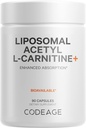 Codeage Liposomal Acetyl-L-Carnitine+ Suplemento - 500 mg Acetyl-L-Carnitine per Serving - Suministro de 3 meses, Entrega Liposomal - Suplemento Alcar - L-Carnitine - Non-GMO, Gluten-Free, 90 cápsulas