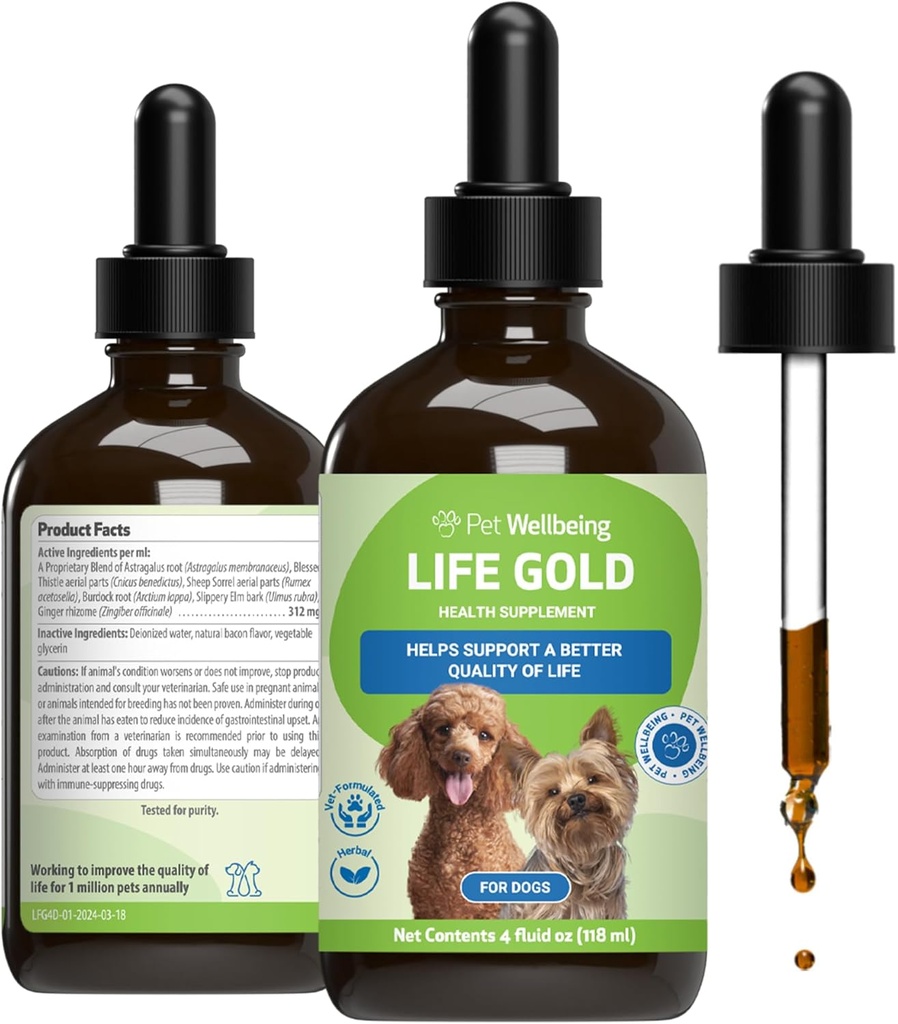 Pet Wellbeing Life Gold for Dogs - Supports Detoxification, Immune System Health, Antioxidants - Vet-Formulated Herbal Supplement – 4 oz (118 ml)