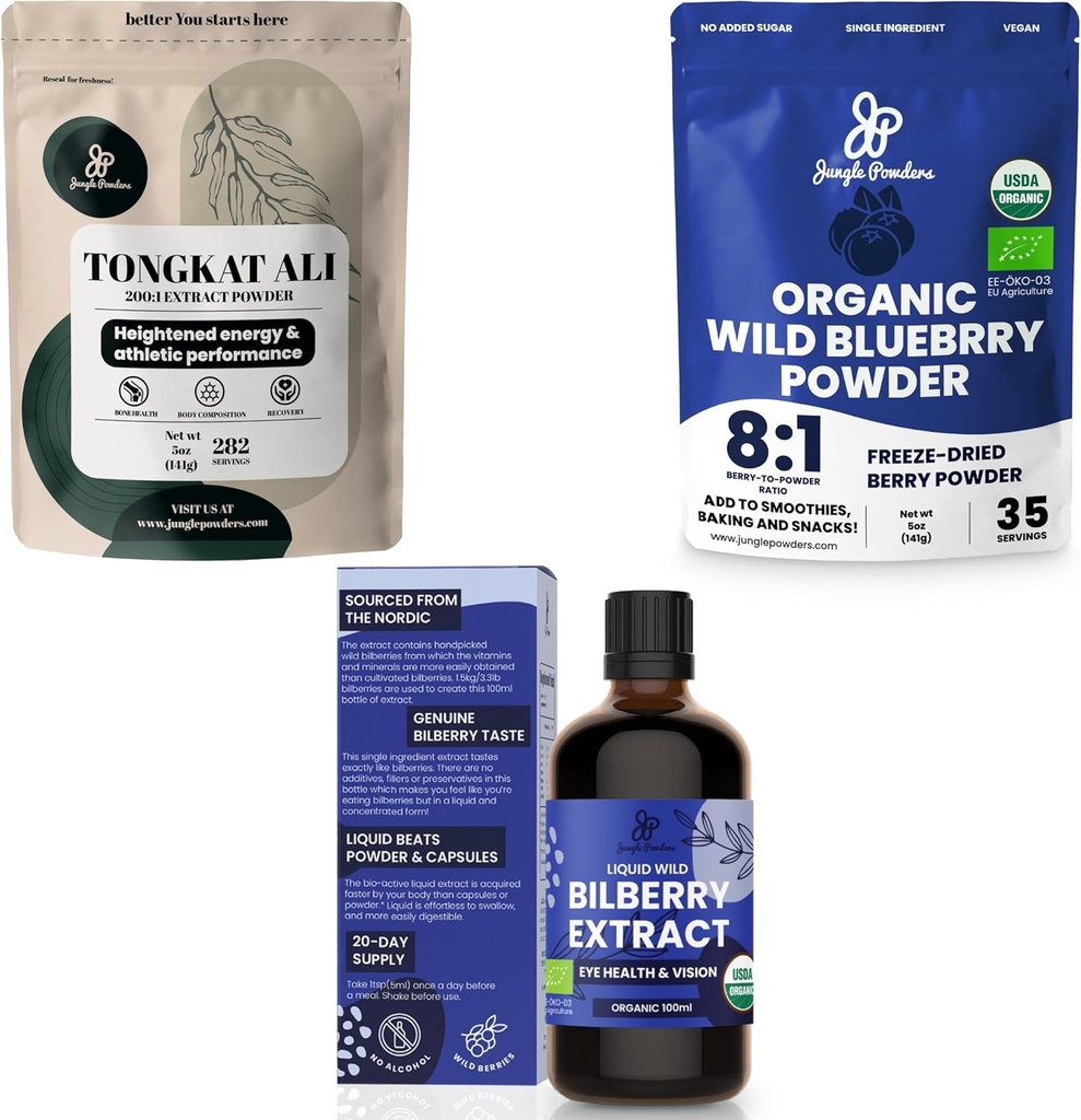 Polvos Jungle Ultimate Hombres Salud &amp; Bienestar Bundle: 5oz Tongkat Ali Powder, 5oz Polvo de arándanos silvestres &amp; 3.4oz Extracto líquido de arándanos orgánicos - Suplementos Premium para conducir, pasión, vista