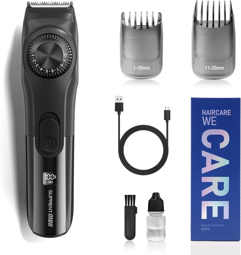 Trimmer de barba ajustable SUPRENT para hombres, Trimmer de barba eléctrica inalámbrico con sello de precisión, USB recargable 19 Ajustes de longitud Mustache Trimmer for Mens Gifts (Black)