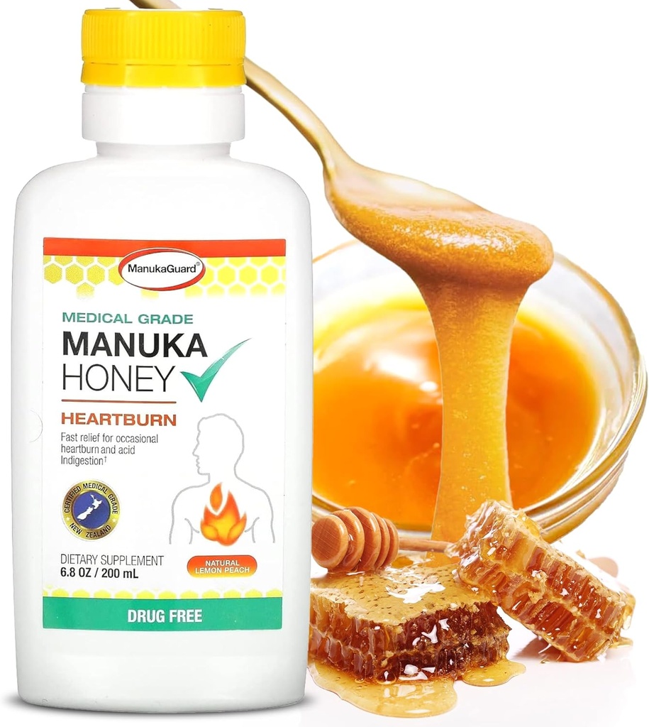 ManukaGuard Heartburn Nutralizer, Medical Grade Manuka Honey 6.8oz - Inmediata Heart Burn y Acid Indigestion Relief. Antiácido libre de drogas