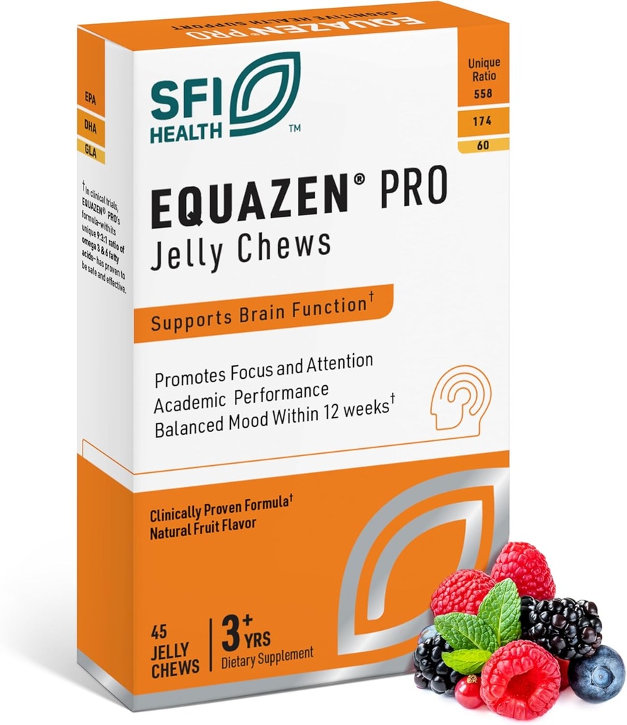 Equazen Pro SFI Health Fish Jelly Chews - Omega 3 &amp; Omega 6 para niños " adolescentes - EPA, GLA " DHA for Kids Mood, Memory " Focus Support - Optimized for Bioavailability " Absorption (45 Jelly Chews)