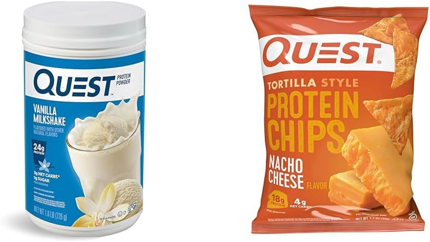 Quest Vanilla Milkshake Protein Powder, 24g Protein, 1.6lb + Quest Nacho Cheese Tortilla estilo Protein Chips, 18g Protein, Pack de 12