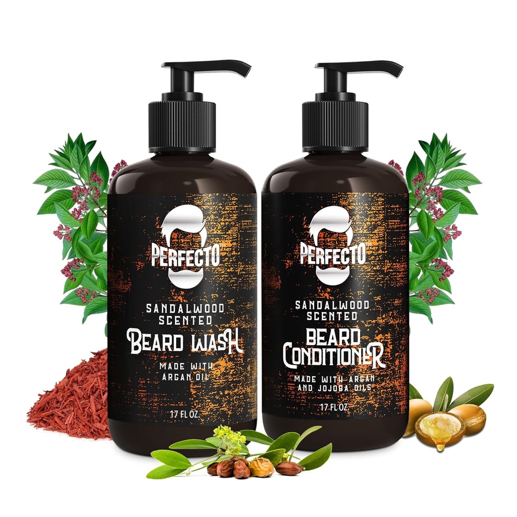 Perfect Beard Wash &amp; Beard Conditioner Set con aceites Argan y Jojoba - Fortalece y suaviza - Natural Sandalwood Scent