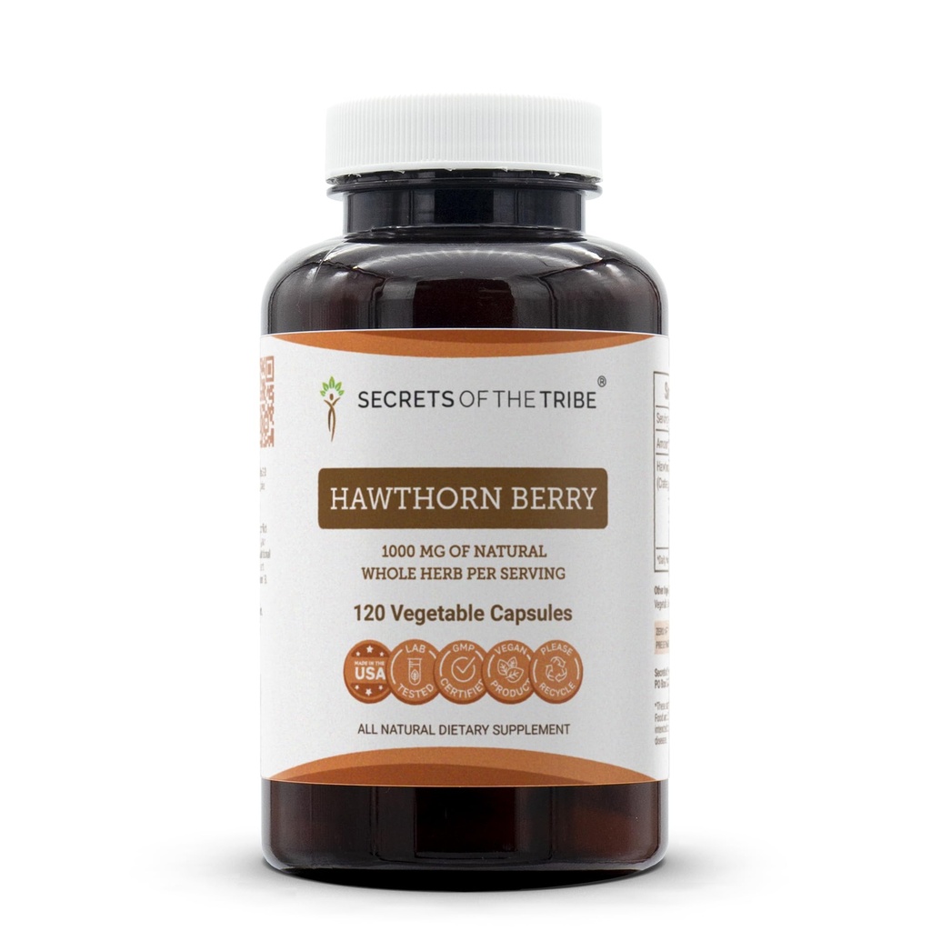 Secrets of the Tribe Hawthorn Berry Capsules 1000 mg Hawthorn (Crataegus spp.) Dried Berry, Cardio Support Suplemento (120 cápsulas)