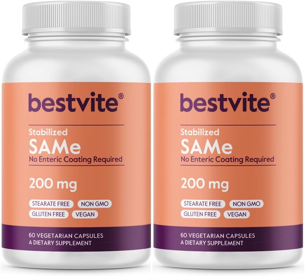 BESTVITE SAM-e 200mg Estabilizado (120 cápsulas vegetarianas) (60 x 2) - Forma fácil de absorber cápsulas - No se necesita carne enteric - No se necesitan Stearates - No Fillers - Vegan - No GMO - Gluten Gratis