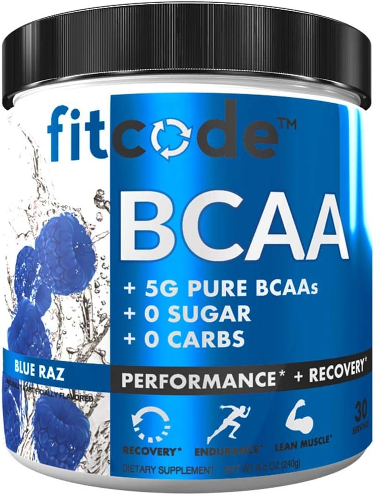Fitcode Ultra Premium BCAAs with 5G of Pure BCAAs with Proven 2:1:1 Ratio of Amino Acids to Help Post Workout Recovery, Lean Muscle Growth, Endurance, 30 Servings (Blue Raz)
