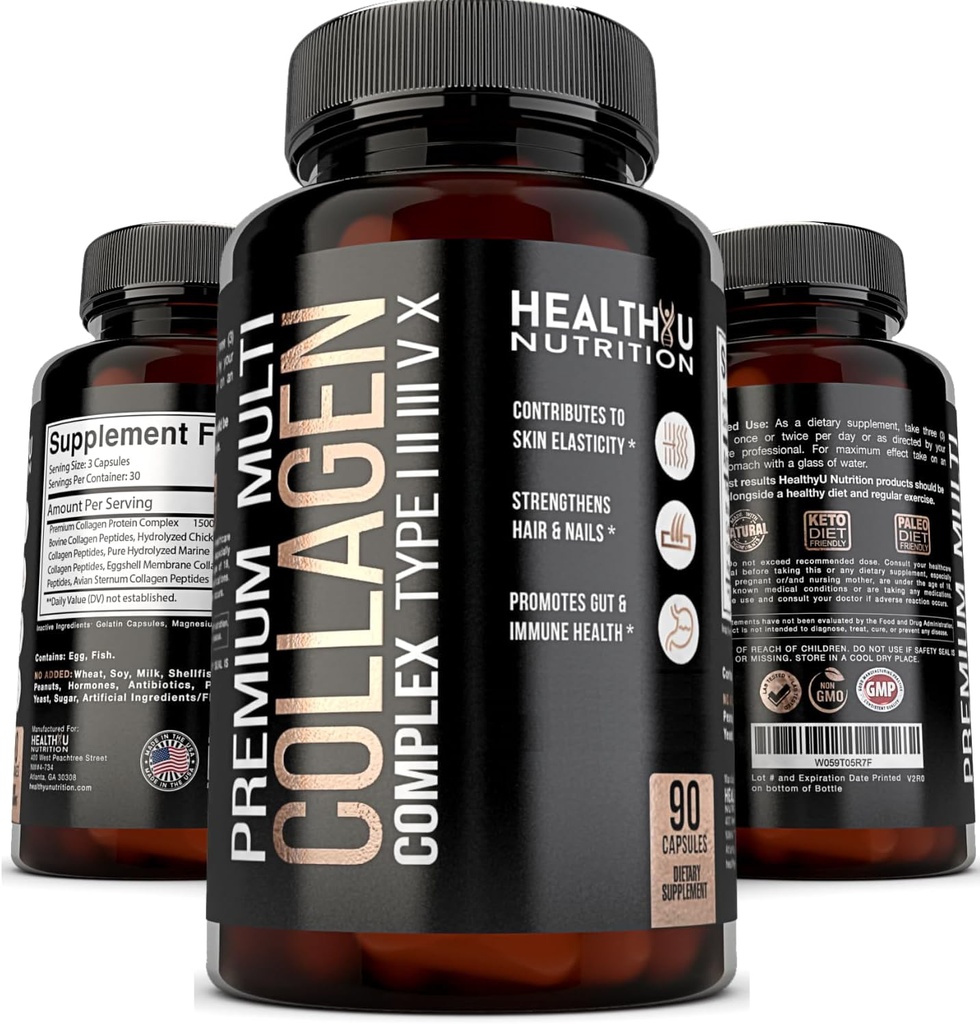 Premium Multi Collagen Peptides Pills - Hydrolyzed Collagen Capsules for Men and Women Types 1 2 3 5 10 - Collagen Supplements for Men - Colageno Hidrolizado Pastillas para Hombre Mujer 90 caps