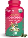 Zena Nutrition Organic Super Greens Fruit & Veggies Suplemento, 70+ Superfoods from Fruit & Vegetables, 3g Fiber, Spirulina, Clorella, Prebióticos " Probióticos, Enzimas digestivas, 180 cápsulas