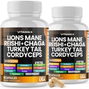 Vitamax Lions Mane Mushroom, Turquía Tail, Chaga & Reishi, Cordyceps Shiitake White Elm King Trumpet Nameko Oyster Porcini Focus &amp; Energy - Made in USA