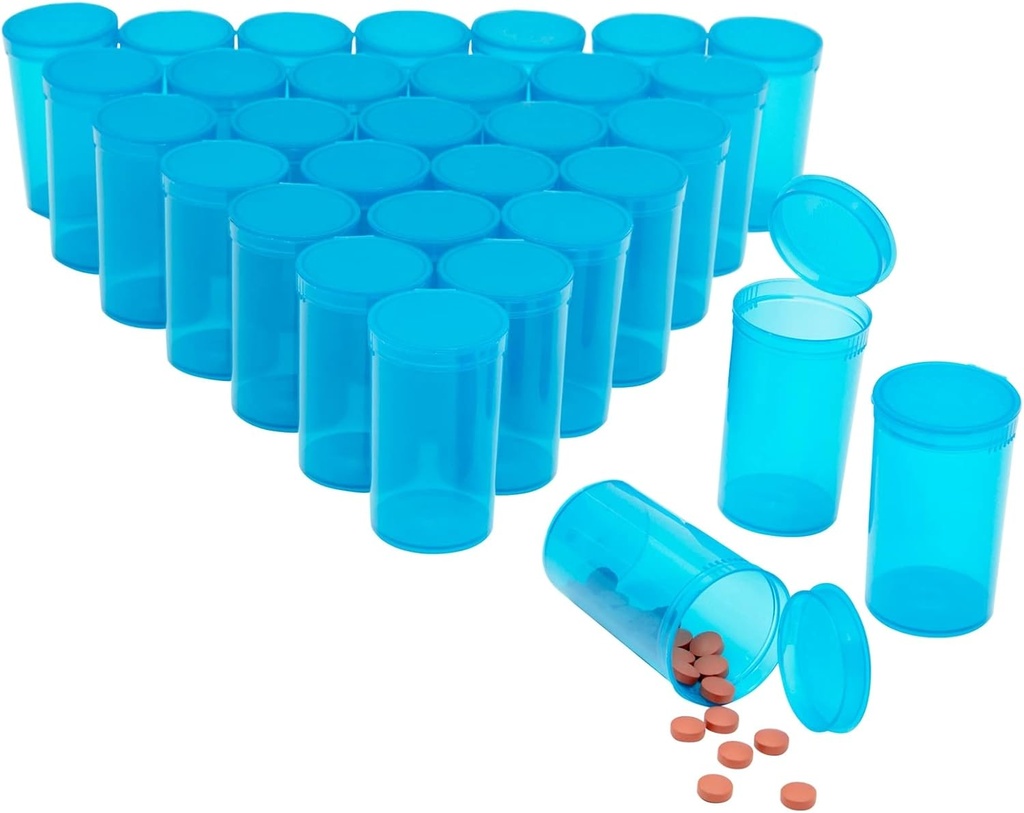 Juvale 30 Pack Empty Pop-Top Pill Bottles - 19 Dram Capacity - Blue Plastic - Caps for Easy Access - Contenedores de medicina &amp; Vials with Caps - Squeeze-Open Travel Vials