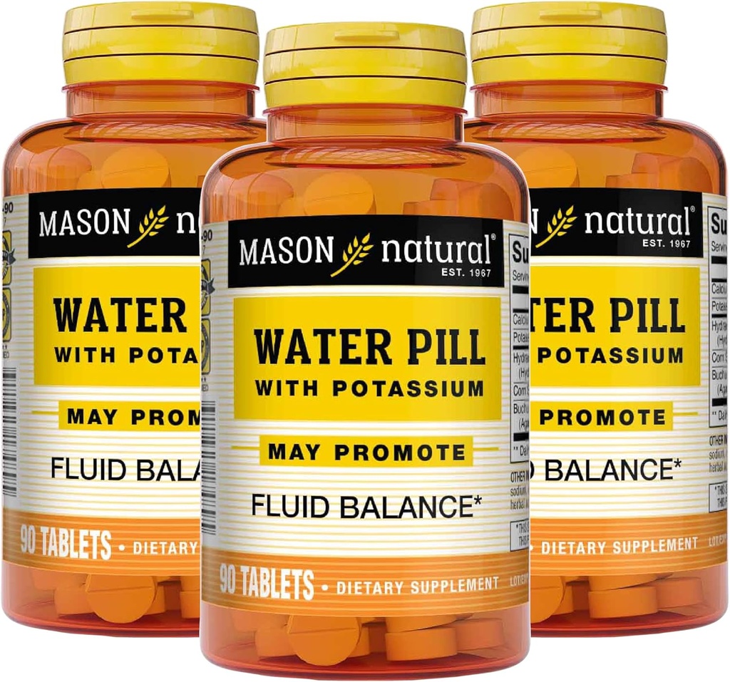 Pill de agua natural Mason con Potasio y Calcio - Soporta Equilibrio Fluido, ayuda a aliviar la hinchazón y la hinchazón, Suplemento Diurético Natural, 90 Tabletas (Pack of 3)
