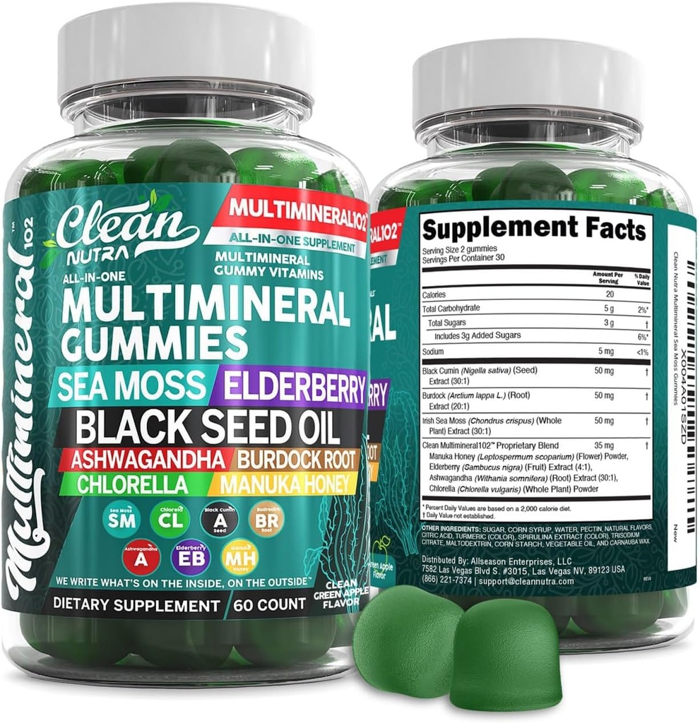 Mar Moss Gummies ← Tested Clínicamente - Aceite de semillas negras Ashwagandha Burdock Root Chlorella Manuka Honey - Vegan Irish Sea Moss Gummy Vitaminas para adultos Niños Hombre Mujeres - Green Apple Flavor