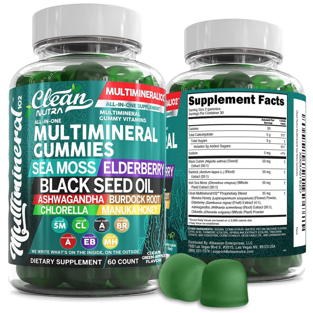Mar Moss Gummies ← Tested Clínicamente - Aceite de semillas negras Ashwagandha Burdock Root Chlorella Manuka Honey - Vegan Irish Sea Moss Gummy Vitaminas para adultos Niños Hombre Mujeres - Green Apple Flavor