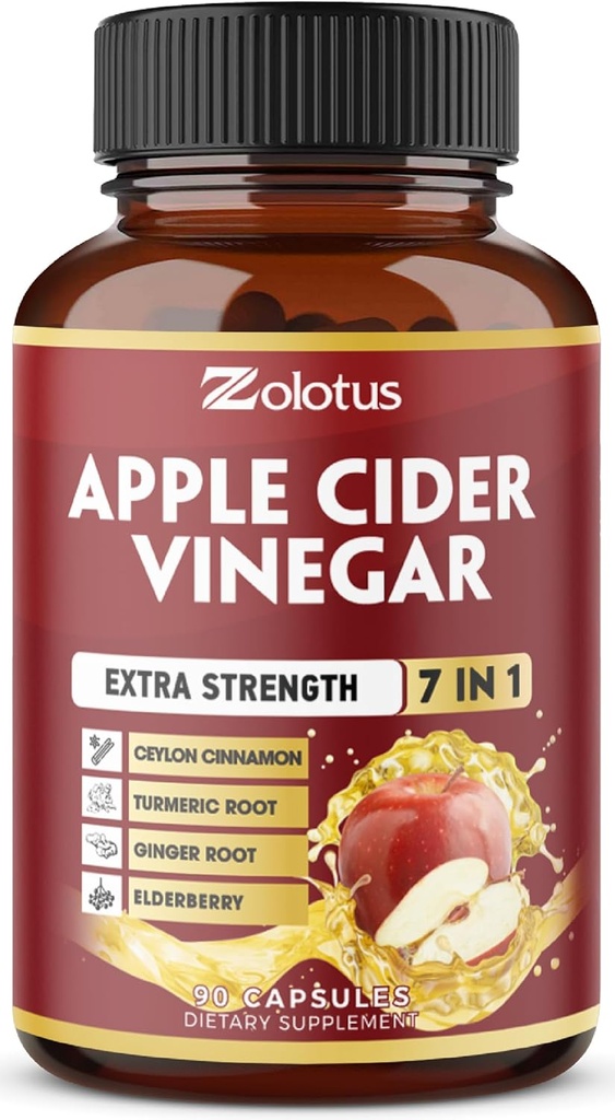 Zolotus 7 en 1 Cápsulas de vinagre de manzana, 3 meses de suministro con canela de Ceylán, raíz de jengibre, Turmérica, Elderberry para soportes Digestión, Immune, 90 cápsulas