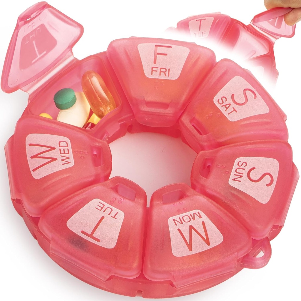 Organizador semanal redondo, TPU Rubberized, Contenedor de píldoras de viaje 7 Día, con 7 grandes compartimientos, Grande para vitaminas diarias & suplementos, Cute Pill Case con letras grandes y Braille (Rose)