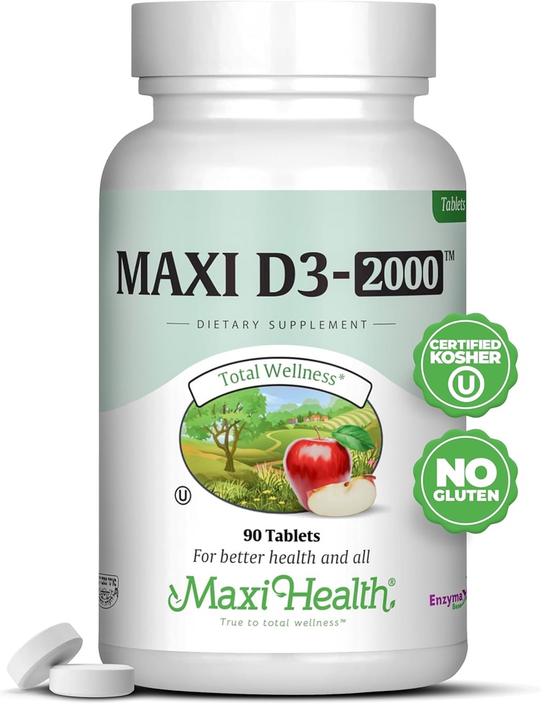 Maxi-Health Vitamina D3 2000 UI - Para la función del músculo saludable, la salud del hueso y el apoyo inmunológico – 90 Tabletas – Mejor suplemento de Kosher para adultos