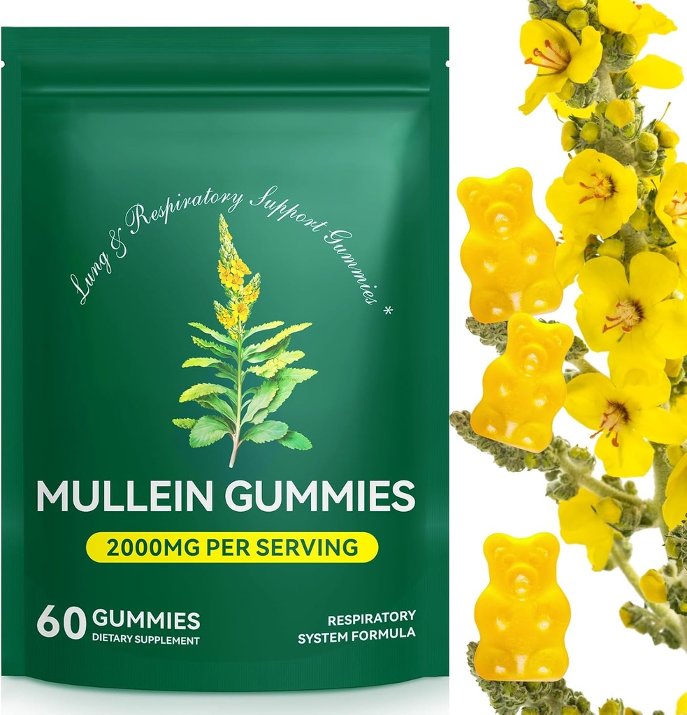 Mullein Gummies for Lung Detox, 2000mg Mullein Leaf Extract for Respiratory &amp; Digestive & Immune Support, Organic Mullein Herb Supplement for Mucus Relief for Respiratory, Immune, Vegan 60 Gummies