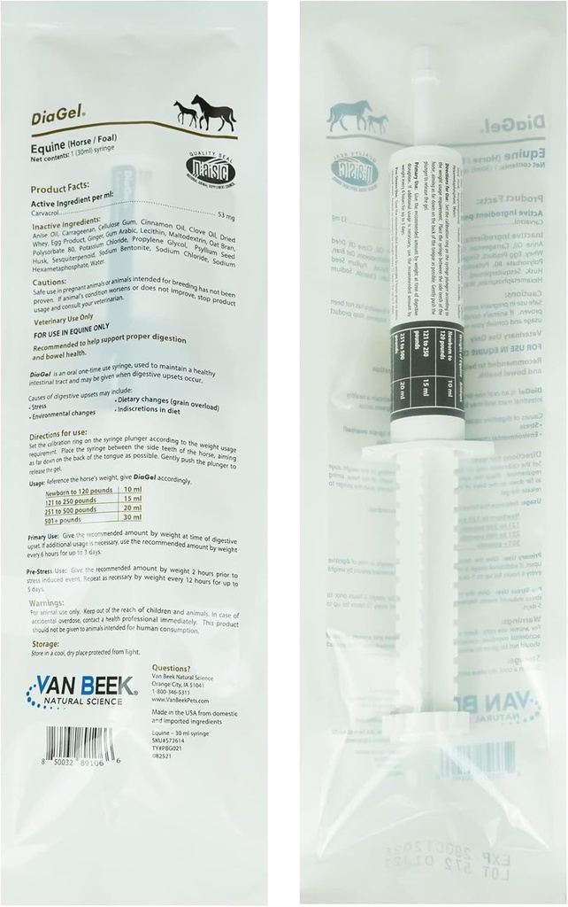 DiaGel for Equine - Gel administrado oralmente para Taburetes ocasionales y montaje digestivo - Productos para caballos naturales - Van Beek Natural Science