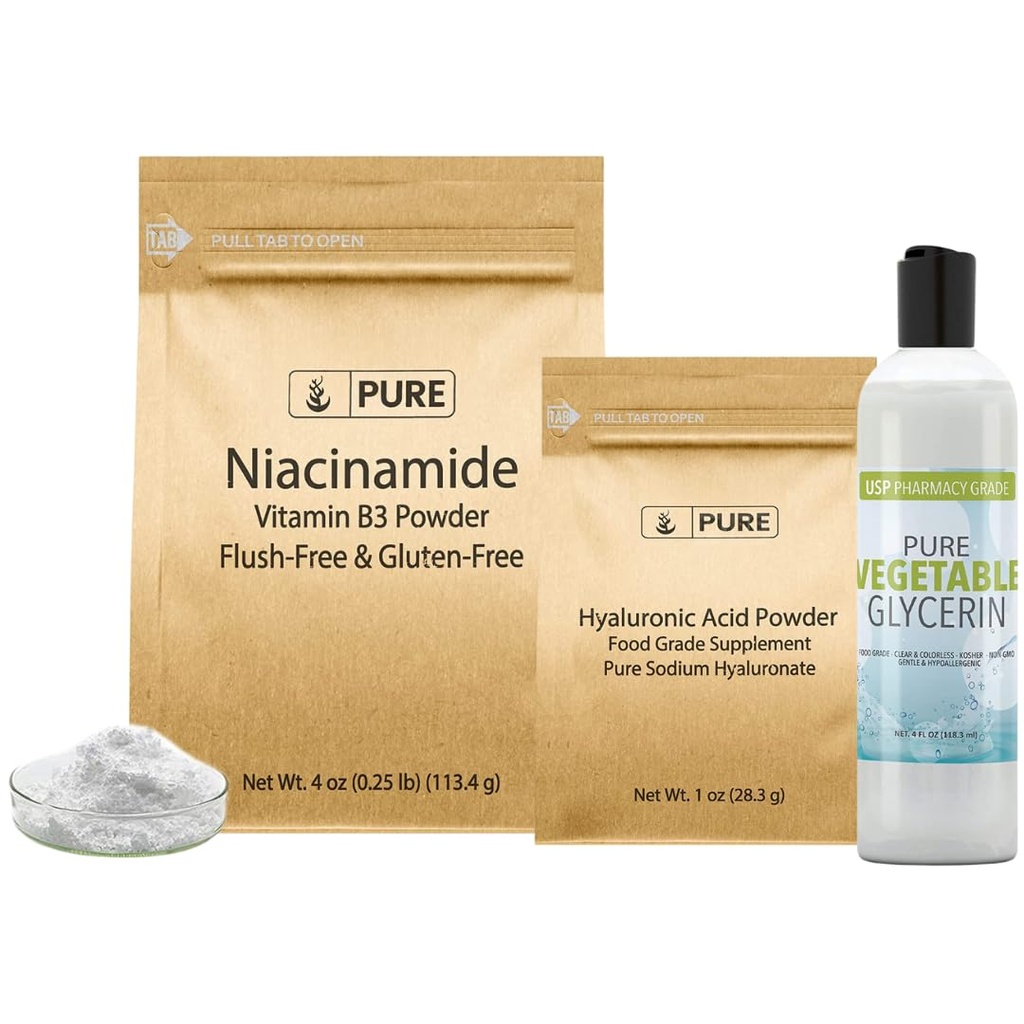 Ingredientes originales puros Ácido hialurónico, Niacinamida y Glycerin Bundle, varios tamaños, sin olor, sin color