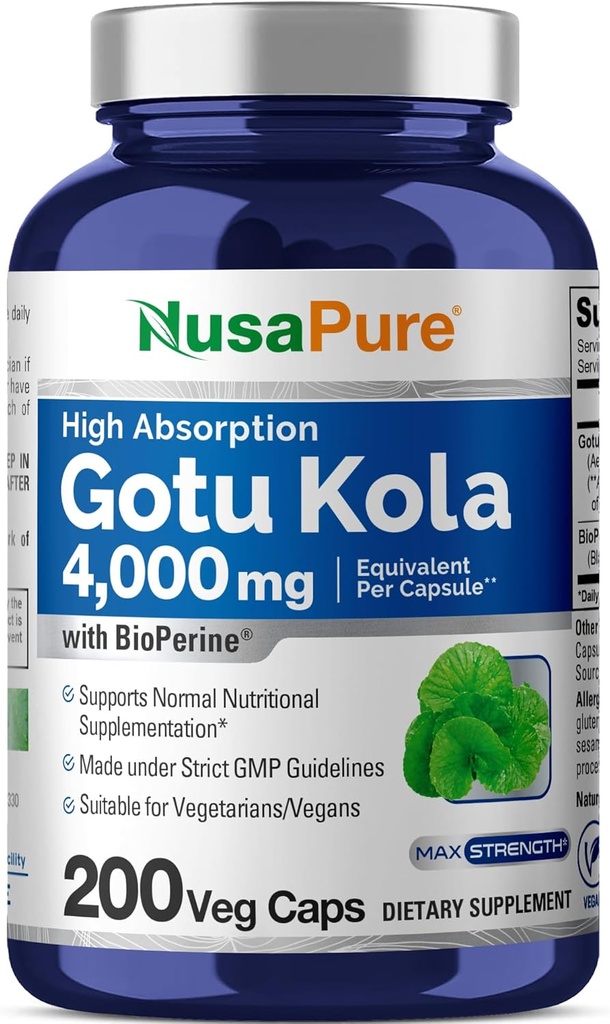 NusaPure Gotu Kola Capsules 20:1 Extracto, 200 mg Equivalente a 4000mg Por Veggie Caps, 200 Conde, No GMO, Vegan, Bioperina - Extracto de hierba tradicional