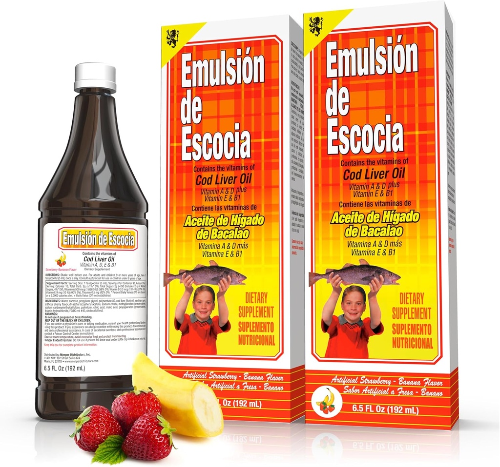 Emulsión de Escocia Cod Liver Oil Liquid Supplement with Vitamins A, D, E & B1 - Natural Fish Oil Omega 3 for Kids &amp; Adults - Delicious Strawberry Banana Flavor - 6.5 oz (2-Pack)