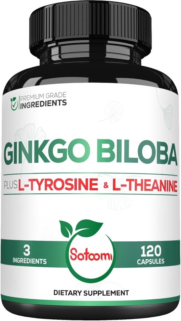 1000mg Ginkgo Biloba Suplementos con L-Tyrosine, L-Theanine - 120 cápsulas para fuente de 2 meses - Apoyo Focus, Función de Mermory, Salud cerebral y calidad de visión