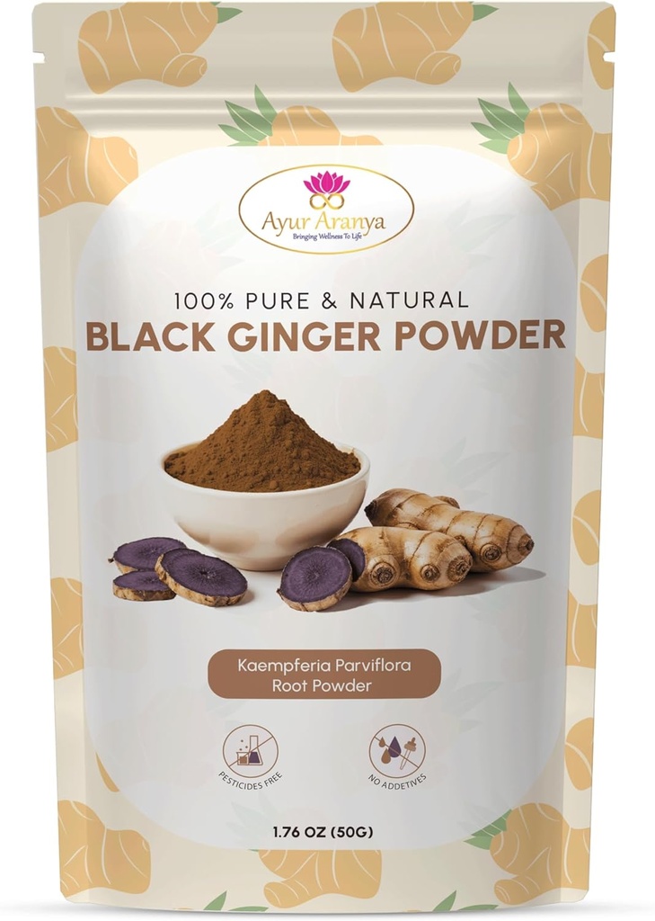 Ayur Aranya 100% Puro Negro Ginger Powder 50g – Kaempferia Parviflora Root Powder – Natural Stamina & Energy Booster – Calidad Premium, Sin Preservadores – Mezcla con Agua, Jugos, Smoothies o Té