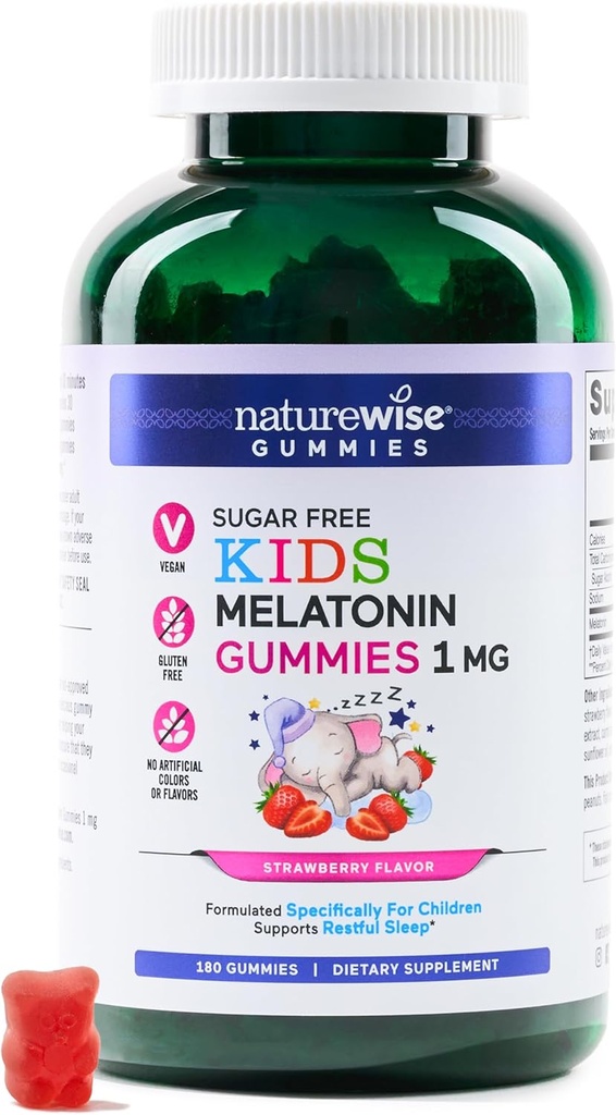 NatureWise Kids Melatonin 1 mg Gummies gratis de azúcar para niños Edades 4 &amp; Up - Non-Habit Forming Sleep Aid - Strawberry Flavored - Vegan, No Gluten, Non-GMO - 180 Conde[6-Month Supply]