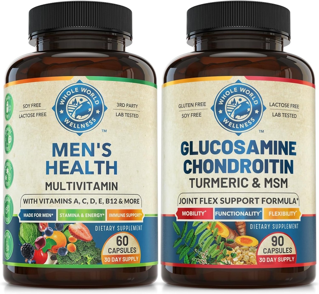 Mens Daily Multivitamins &amp; Advanced Joint Support Bundle (One Bottle each). Colectivamente apoya el bienestar holístico, la energía botificada y la salud conjunta. USA Made.