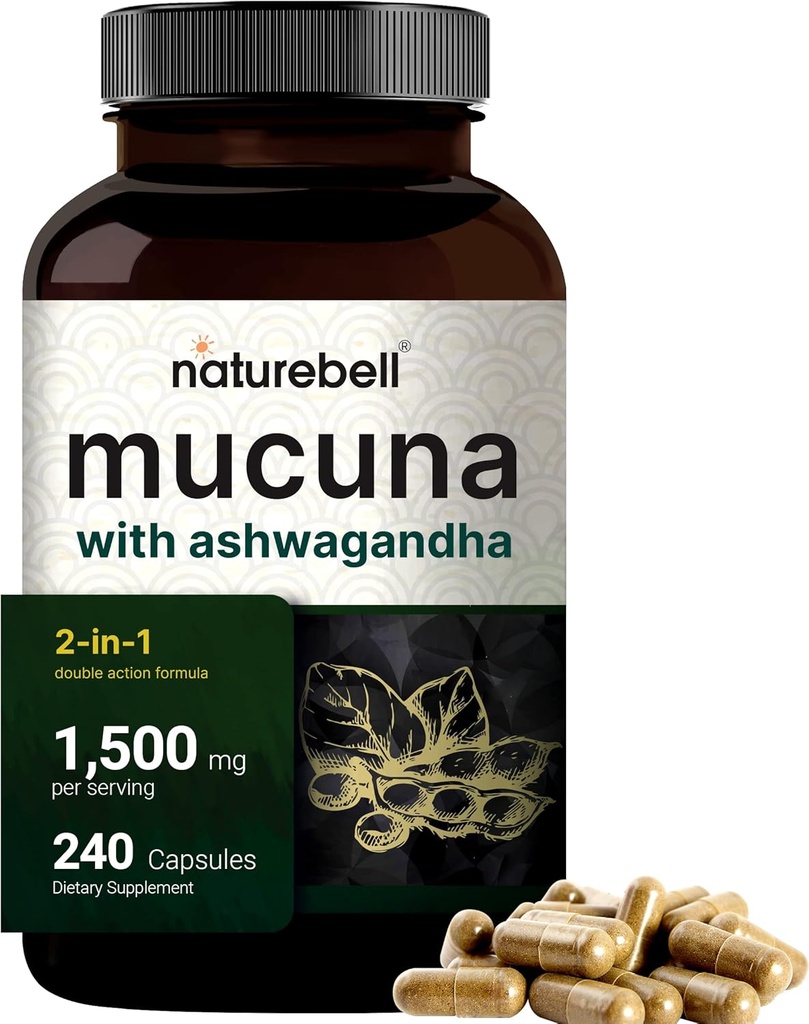 Mucuna Pruriens Capsules, Triple Fuerza 1500mg Por Serving, 2 en 1 Fórmula, Made with Mucuna and Ashwagandha, 240 cápsulas, Potent Seed Extract, Positive Mood, Relax &amp; Restoration Support
