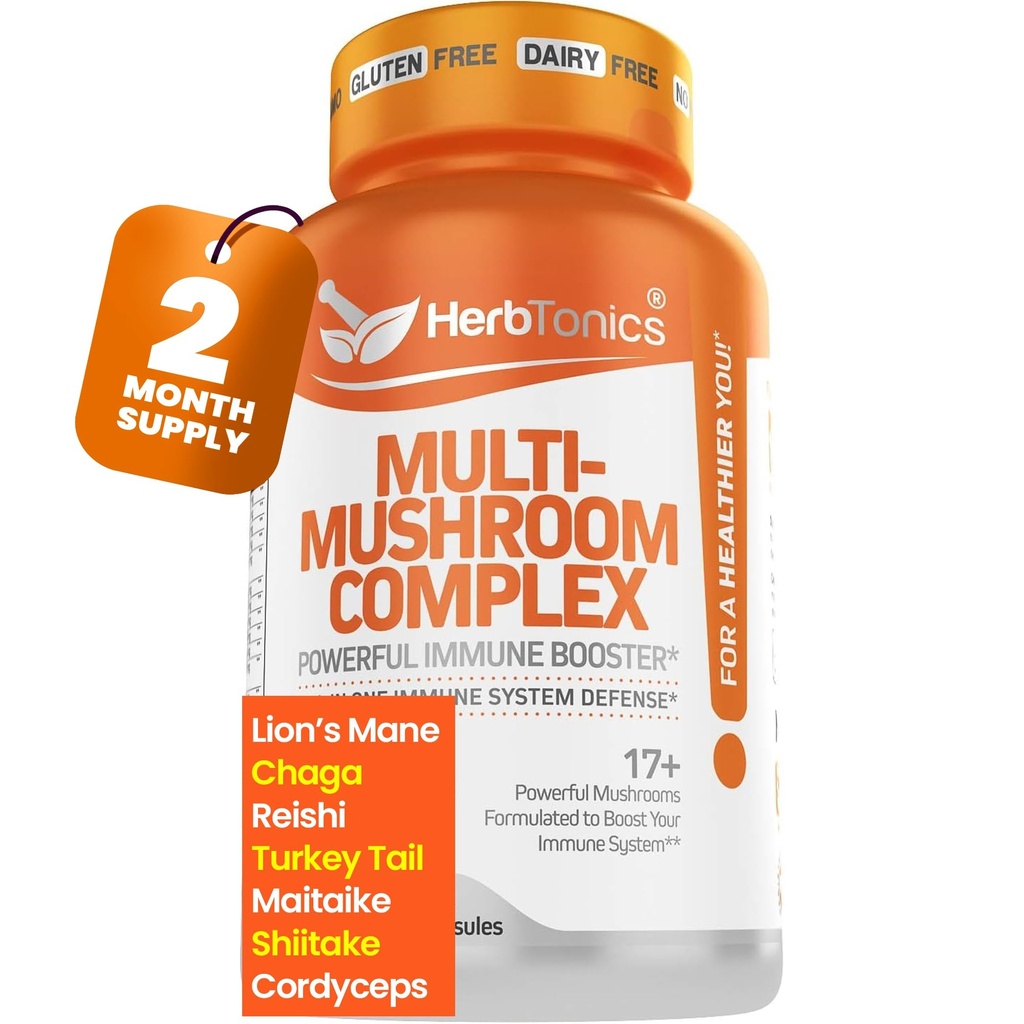 Herbtonics All-in-One Mushroom Supplement for Immune System Support Silencio Nootropic Brain Support Suplemento con Lion's Mane, Cordyceps, Reishi ← Powerful Mushroom Complex ← 120 Vegan Capsules