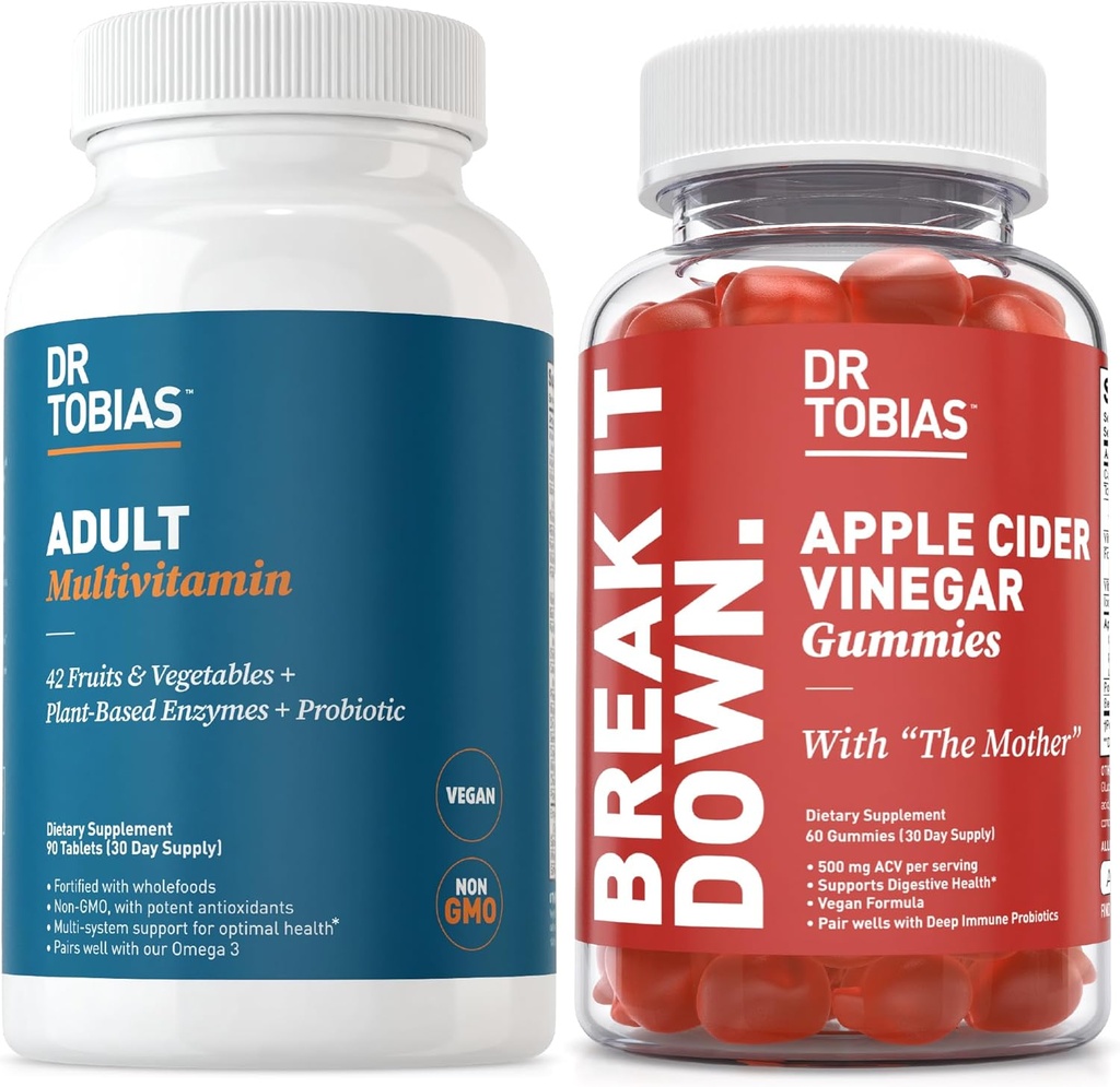 Dr. Tobias Adult Multivamin &amp; Apple Sider Vinegar Gummies, Apoya Energía, Inmunidad " Gut Health, con 42 Frutas & Verduras Plus Probióticos, Cludes The Mother, FOlate, B12