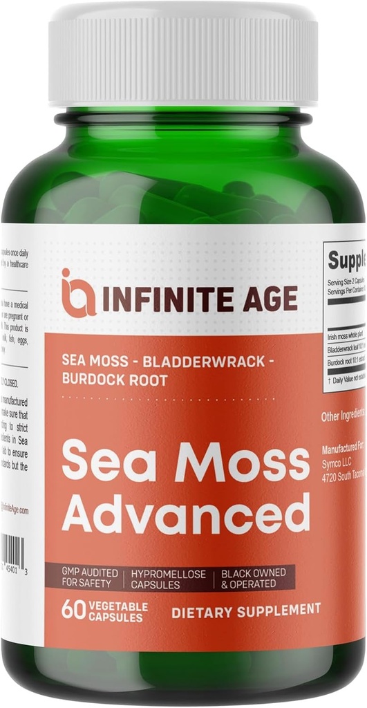 INFINITE AGE 1250mg Sea Moss Advanced Superfood Capsules, 60 Cuenta - High-Potency, Vegan, Made in The USA - Irish Seamoss, Bladderwrack, Burdock Root - Total Health, Immunity Support