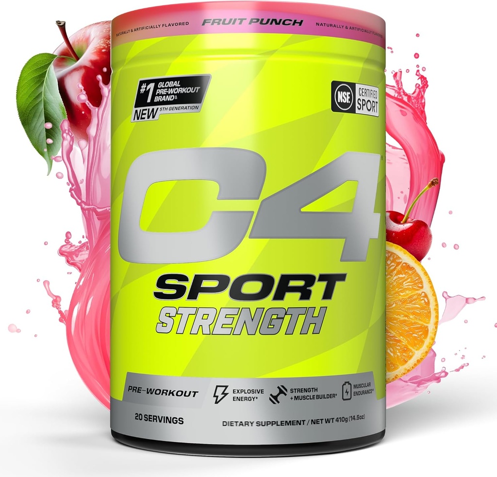 Cellucor C4 Sport Strength Pre Workout Powder - NSF certificado para el deporte - Beta-Alanine, Creatine, 200mg Caffeine - Sugar suplemento de energía libre para hombres &amp; mujeres - Fruit Punch, 20 Servings