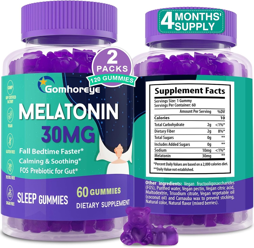 Melatonin Gummies 30mg para Adultos - Máxima Fuerza Melatonina Gummies para Relajación & Soothing, Exógeno Melatonina Suplemento con FOS para Immune, Gut Health y pH Balance, Sugar Gratis -120 Condes