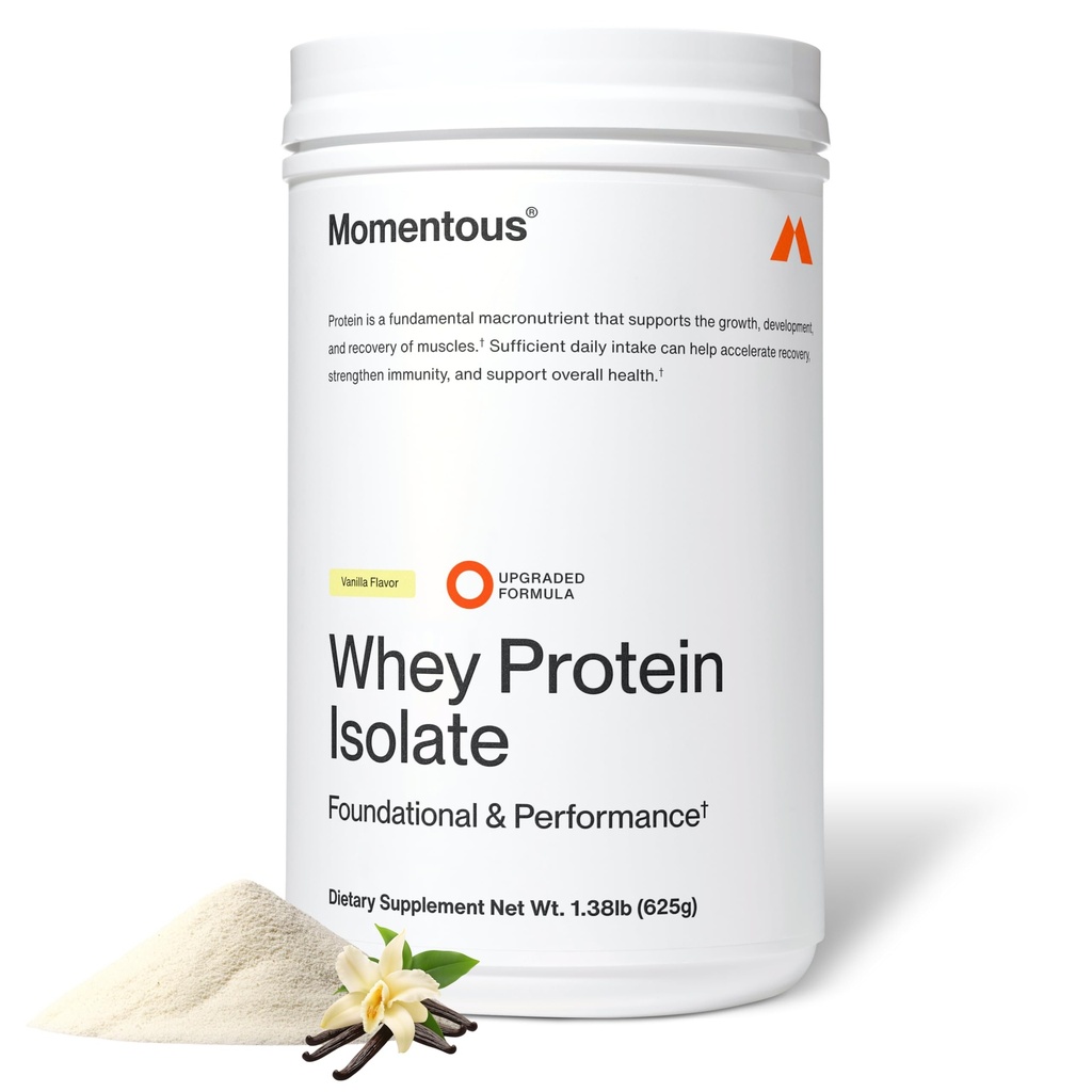 Momentous Essential Grass-Fed Whey Protein Powder - 20 g Whey Isolate Protein - NSF Certified for Sport - Gluten-Free - 25 Servings for Essential Everyday Use - Vanilla - Package May Vary
