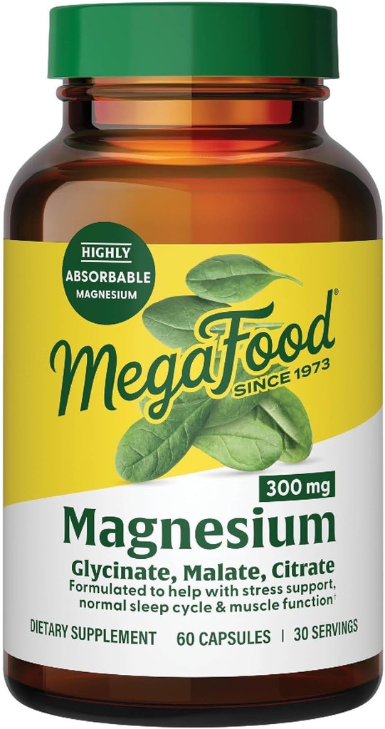 MegaFood Magnesium Glycinate, Citrato, Malate 300mg Suplemento - Highly Absorbable Blend to Support Heart, Nerve Health & Relaxation, Triple Magnesium Complex Suplemento, 60 cápsulas (30 servidos)